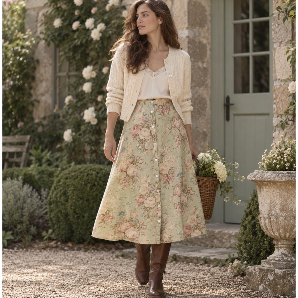 Chaps Floral Linen Blend Midi Skirt Sage Green Floral Rose Button Cottagecore 4